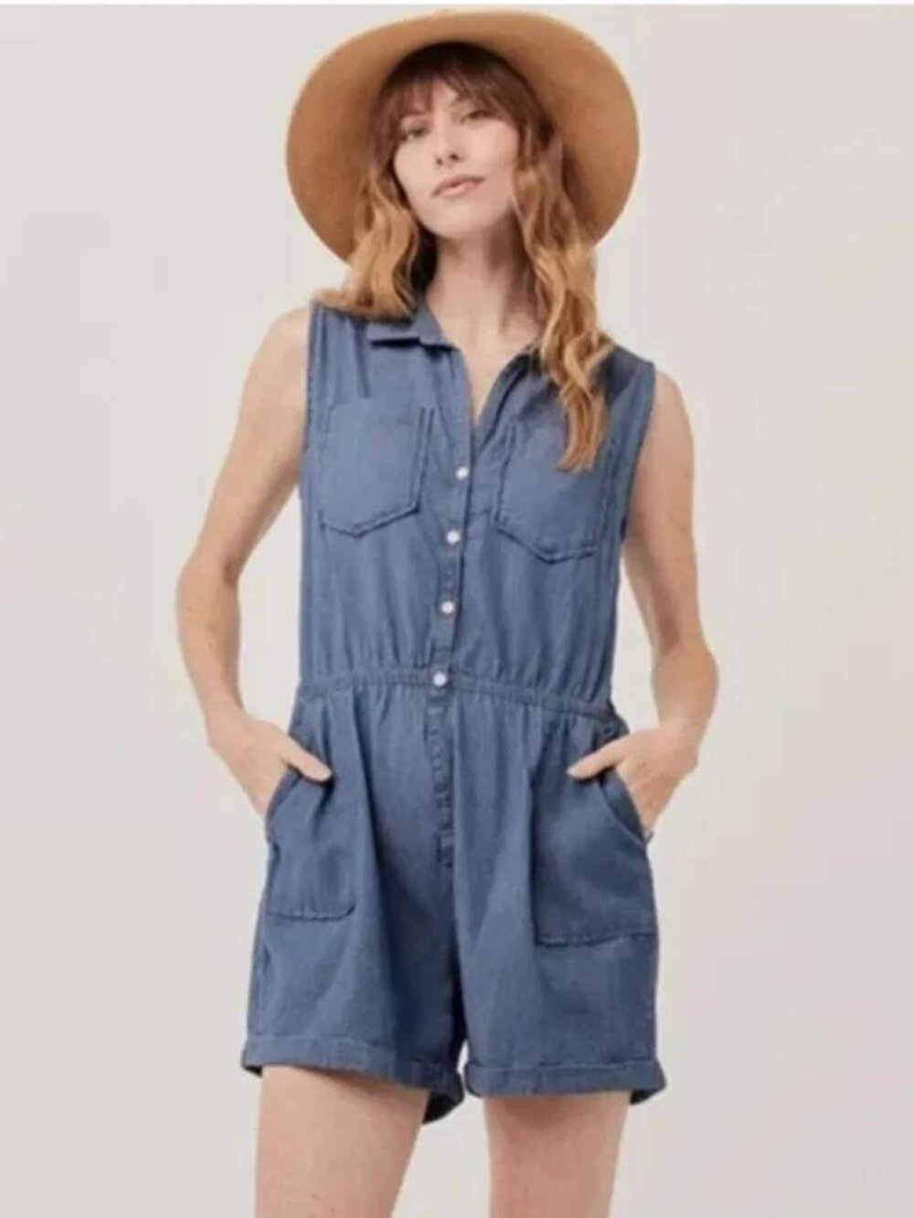 NWT Pact Denim Chambray Sleeveless Romper Sz XL Blue Organic Cotton Summer Beach